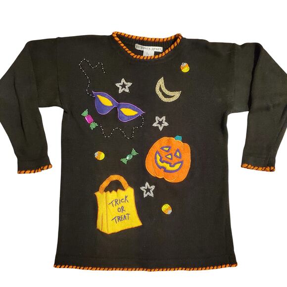 Halloween Jack o Lantern Vintage Embroidered Pullover Crew Neck Sweater Pumpkins - Picture 1 of 11